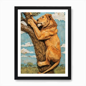 African Lion Relief Illustration Climbing A Tree 4 Art Print