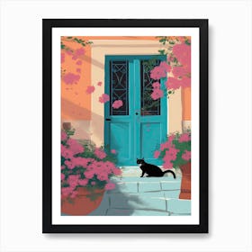 Black Cat Mediterranean Door And Pink Flowers Art Print