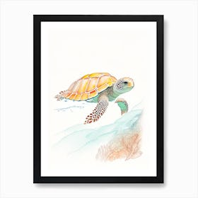 A Single Sea Turtle In Coral Reef, Sea Turtle Pencil Illustration 1 Art Print