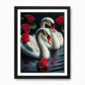 Swans With Roses Art Print