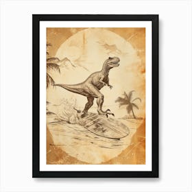 Vintage Pachycephalosaurus Dinosaur On A Surf Board   1 Art Print