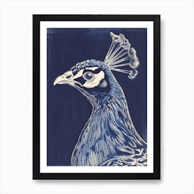 Navy Blue Portrait Of A Peacock 2 Art Print