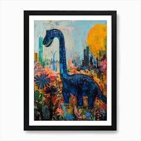 Dinosaur In The Flowers With A Cityscape In The Background Art Print