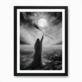 Hail the Lunar Goddess! Monochrome Black and White Dark Aesthetic - Witchy Art Work by John Arwen Full Moon Pagan Witch Broomstick Summer Fields Stormy Moody Women Powerment Spellcasting Wicca Wheel of the Year Witches Feature Wall HD Art Print