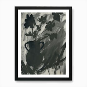 Dark Flowers - black and white ink minimal modern contemporary hand painted grey gray living roome kitchen bedroom floral Art Print