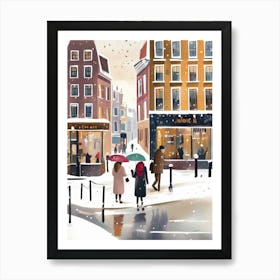 Amsterdam cafes, winter season, Christmas, autumn oil colors, pale colors, pedestrians in the street, winter clothes, falling snow.9 2 Art Print