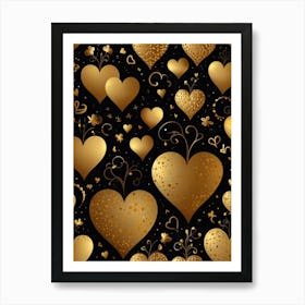 Gold Hearts On Black Background 1 Art Print