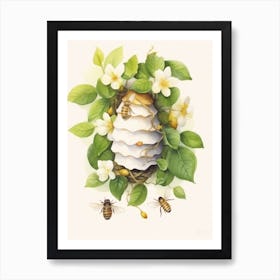 Beehive With Jasmine Watercolour Illustration 3 Art Print