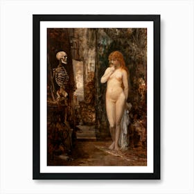 Red Haired Hans Makart (1840-1884)Naked Young Woman Looking at a Skeleton in HD Remastered Immaculate Classical Antique Gothic Dark Aesthetic  Art Print