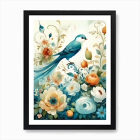 Blue Bird With Flowers 2 Art Print