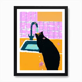 Black Cat In Kitchen Sink Art Print