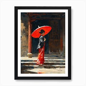 Asian Woman With Red Umbrella Art Print