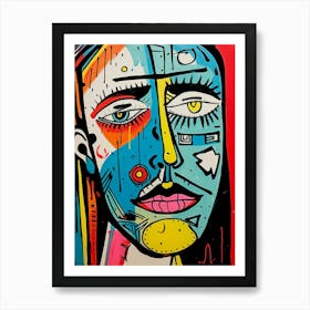 Colourful Linocut Inspired Face Illustration 2 Art Print