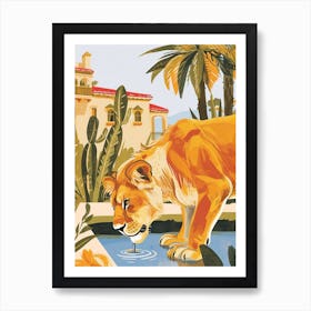 African Lion Drinking From A Watering Hole Illustration 1 Art Print