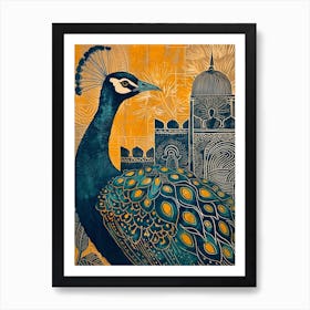 Blue Mustard Mosaic Tile Style Peacock Art Print