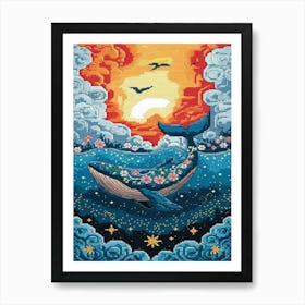 Floral Whale Embroidery With Birds And Fiery Sky 1 Art Print