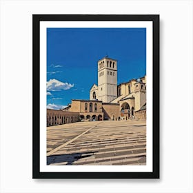 Basilica of Saint Francis Assisi. An artistic view of the Basilica of Saint Francis in Assisi, highlighting its majestic bell tower, intricate arches, and expansive piazza under a clear blue sky. A masterpiece of Gothic and Romanesque architecture, this sacred landmark stands as a symbol of peace and spirituality. Art Print