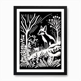 Fox In The Forest Linocut Illustration 22  Art Print