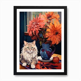 Chrysanthemum Flower Vase And A Cat, A Painting In The Style Of Matisse 1 Art Print