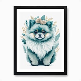 Cute Floral Pomeranian Dog Painting (7) Art Print
