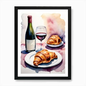 Croissant and Wine watercolor painting 12 Art Print