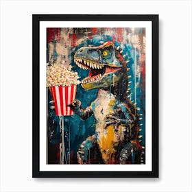 Paint Splash Dinosaur Eating Popcorn 1 Art Print