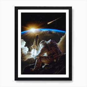 Astronaut Sitting On The Rock Earth View Art Print