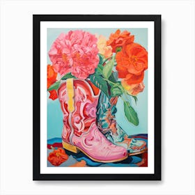 Oil Painting Of Pink And Red Flowers And Cowboy Boots, Oil Style 10 Art Print