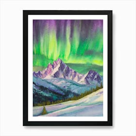 Aurora Borealis Over A Snowy Mountain Range Art Print