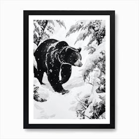 Malayan Sun Bear Walking Through A Snow Covered Forest Ink Illustration 4 Art Print