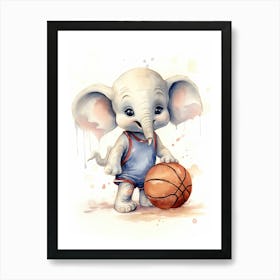 Elephant Painting Playing Basketball Watercolour 4 Art Print