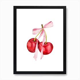 Coquette Cherries & Pink Bow - 1 - White Art Print