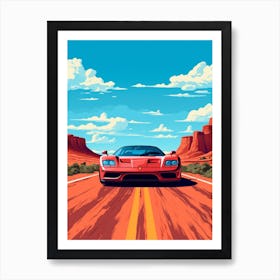 A Ferrari F50 Car In Route 66 Flat Illustration 3 Art Print