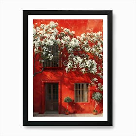 Red House With White Flowers Art Print