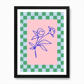 Modern Checkered Flower Poster Blue & Pink 7 Art Print