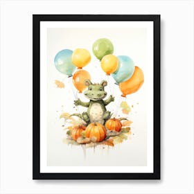 Alligator Flying With Autumn Fall Pumpkins And Balloons Watercolour Nursery 3 Art Print