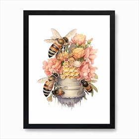 Four Banded Flower Bee Beehive Watercolour Illustration 3 Art Print