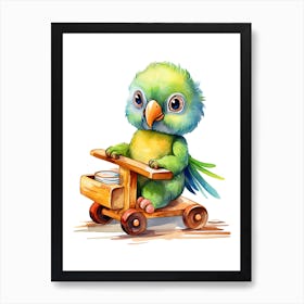 Baby Parrot On A Toy Car, Watercolour Nursery 2 Art Print