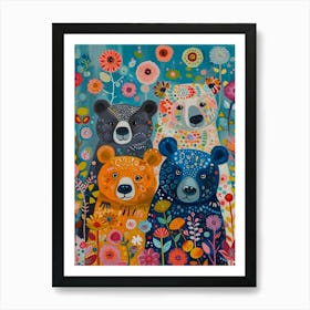 Colourful Floral Folky Bears 1 Art Print