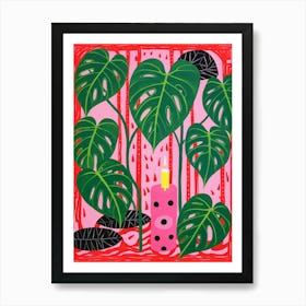 Pink And Red Plant Illustration Swiss Cheese Plant 1 Art Print