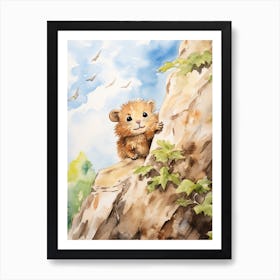 Rock Climbing Watercolour Lion Art Painting 1 Art Print