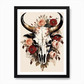 Vintage Boho Bull Skull Flowers Painting (43) Art Print