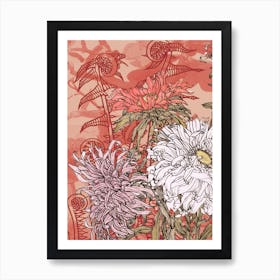 Abstract Botanical Fiddleheads and Dahlias, Coral, Rose and Ivory, Collage No.1262-03 Art Print