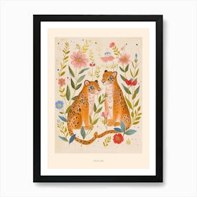 Folksy Floral Animal Drawing Jaguar 5 Poster Art Print