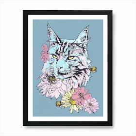 Cute Main Coon Cat With Flowers Illustration 4 Art Print