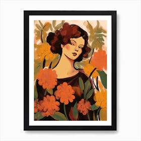 Woman With Autumnal Flowers Lantana Art Print