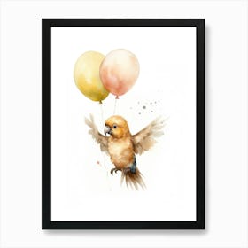 Baby Parrot Flying With Ballons, Watercolour Nursery Art 3 Art Print
