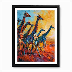 Herd Of Giraffe Running Through The Grass 3 Art Print