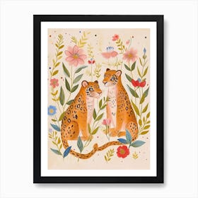 Folksy Floral Animal Drawing Jaguar 5 Art Print