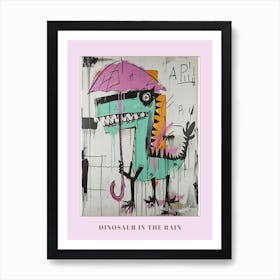 Dinosaur In The Rain Holding An Umbrella Teal Purple 1 Poster Art Print